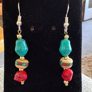 Hand Crafted Turquoise and Red Earrings